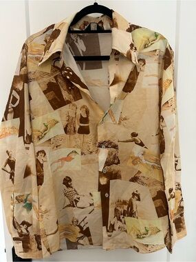 Vintage 70s Playboy Beige & Brown Photo Collage Men's Shirt